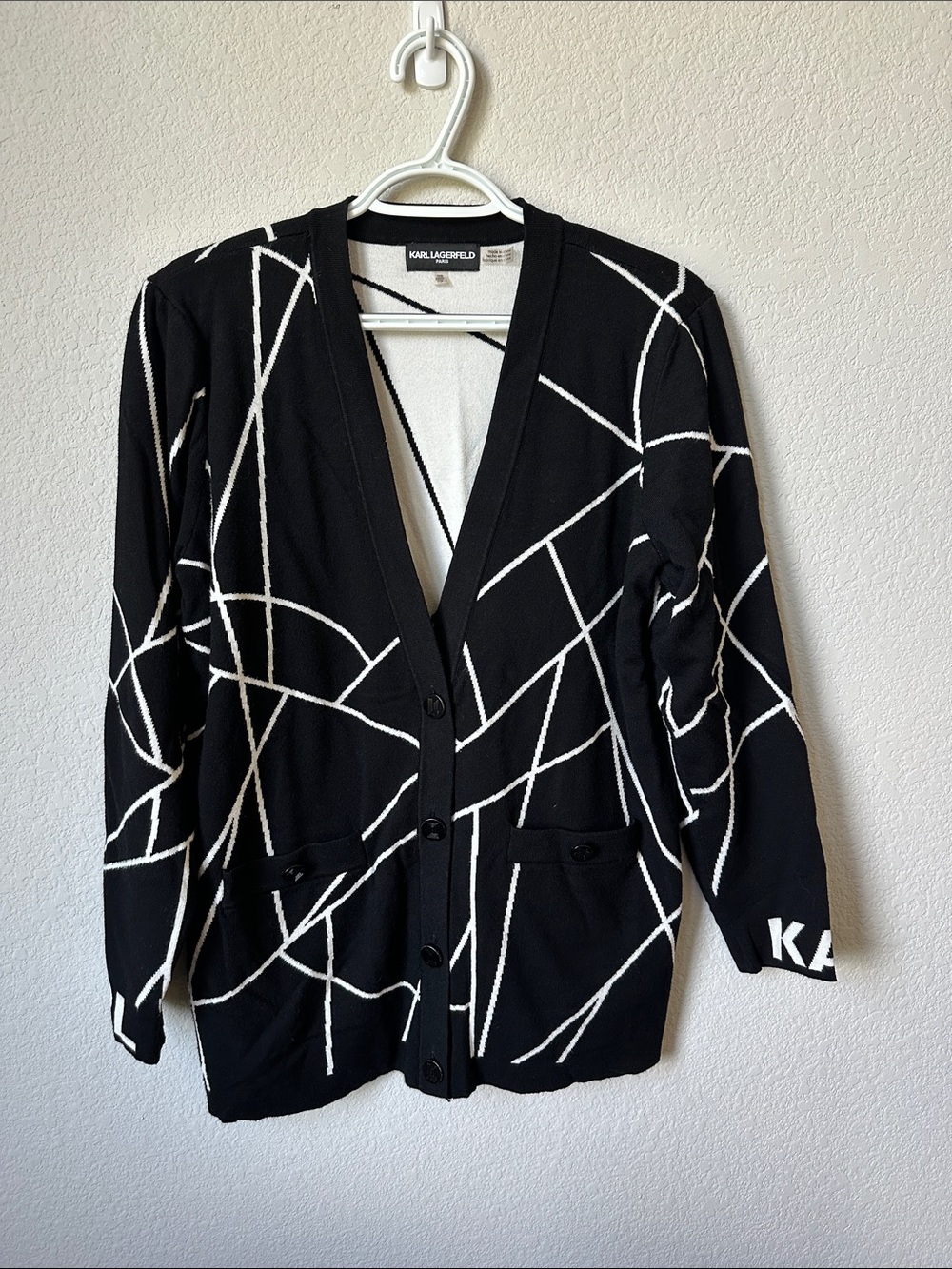 Karl Lagerfeld Black Cardigan with White Abstract Line Pattern